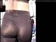 See through short spandex leggings show white thongs filmed on candid camera