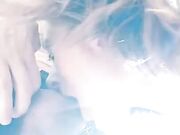 Spouse doing a risky oral stimulation at the beach